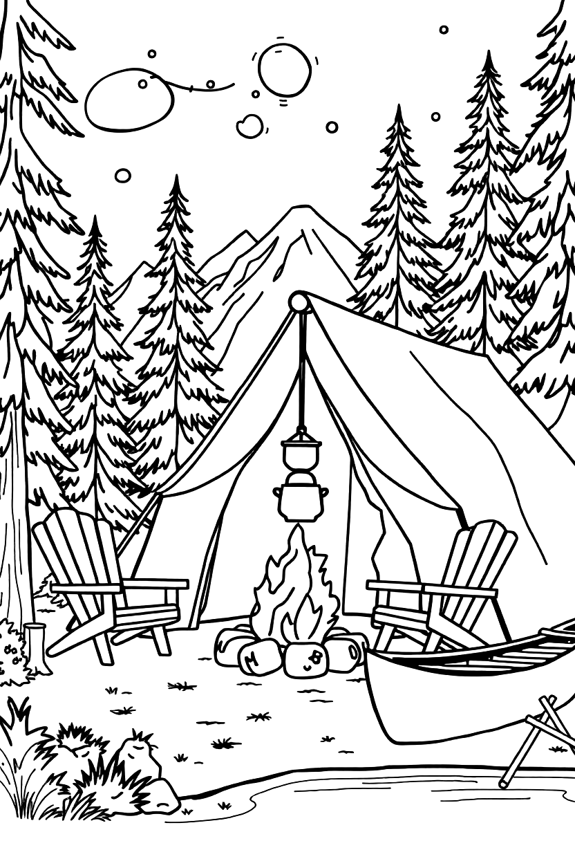 Printable campsite coloring page — tent, campfire, and pine trees