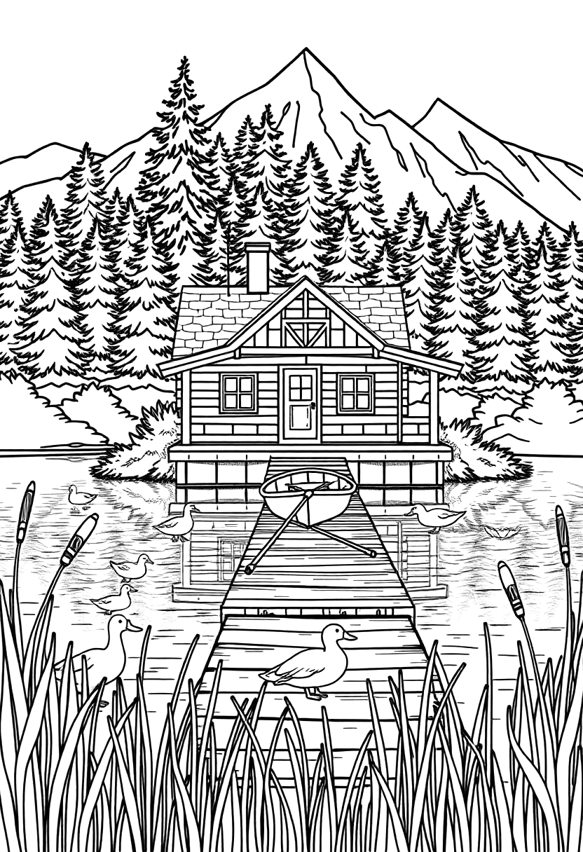 Printable lakeside cabin coloring page with a dock and ducks