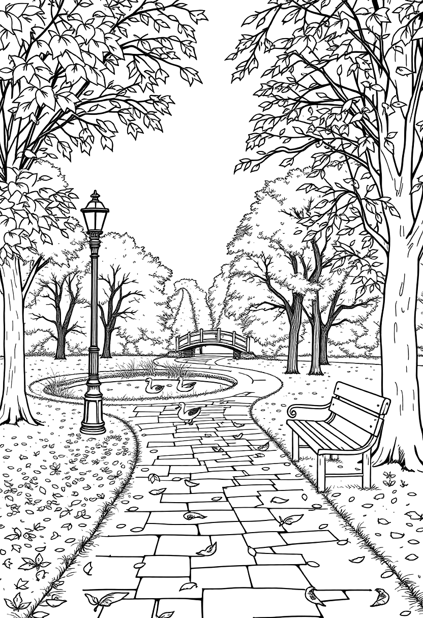 Printable autumn park path coloring page with a bench and lamppost