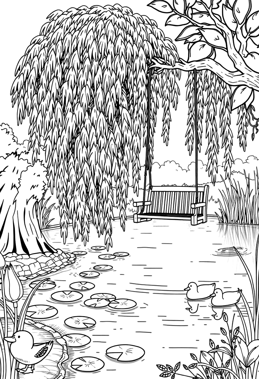 Printable weeping willow pond coloring page with a bench swing and ducks